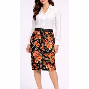 LULAROE • Orange/Multi Cassie Floral Midi Pencil Skirt, XS